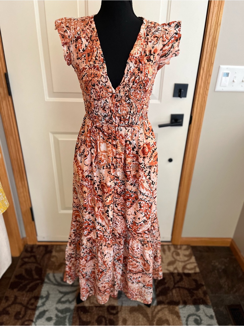 Anthropologie Peregrine orange brown paisley print smocked ruffle dress.Size XXS